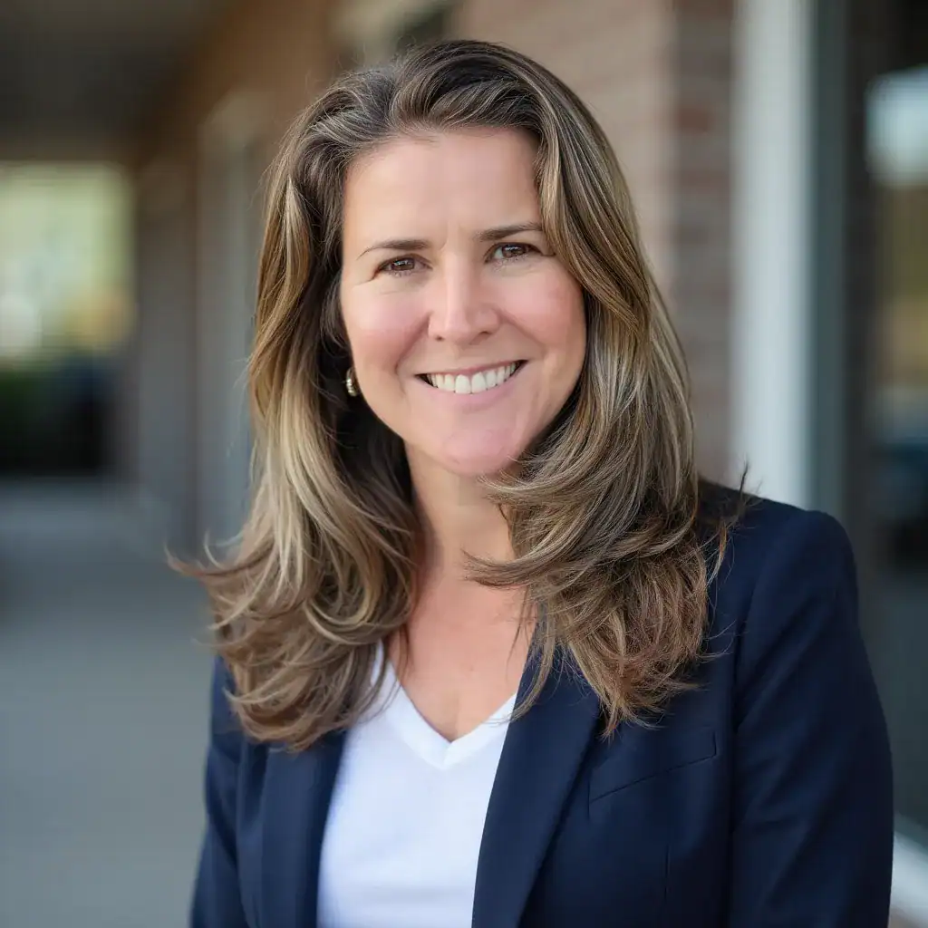 A smiling professional woman with shoulder-length hair in a dark blazer outdoors.